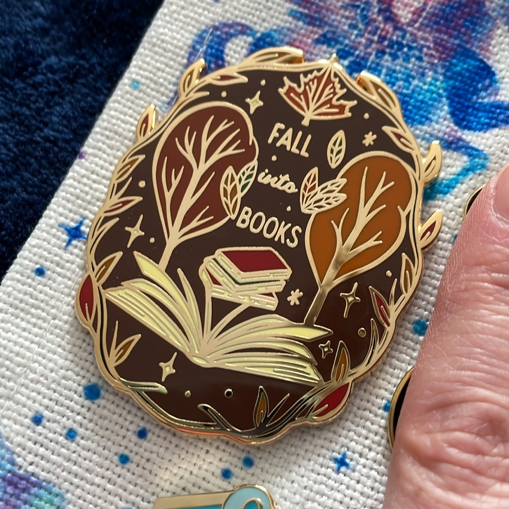 Fall into Books reader trees large enamel pin autumn